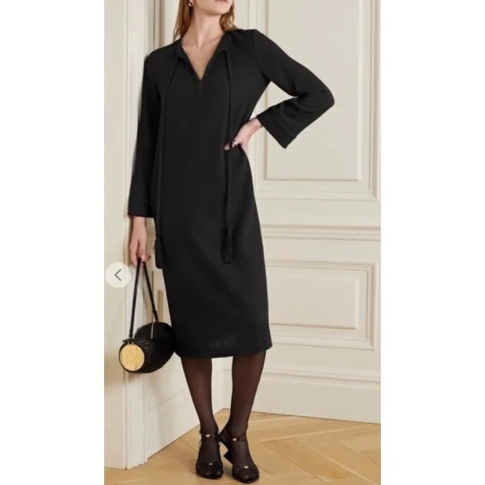 Nili Lotan Zita Black Virgin Wool Midi Dress XS Long Sleeve Tie Neck V-Neck XS